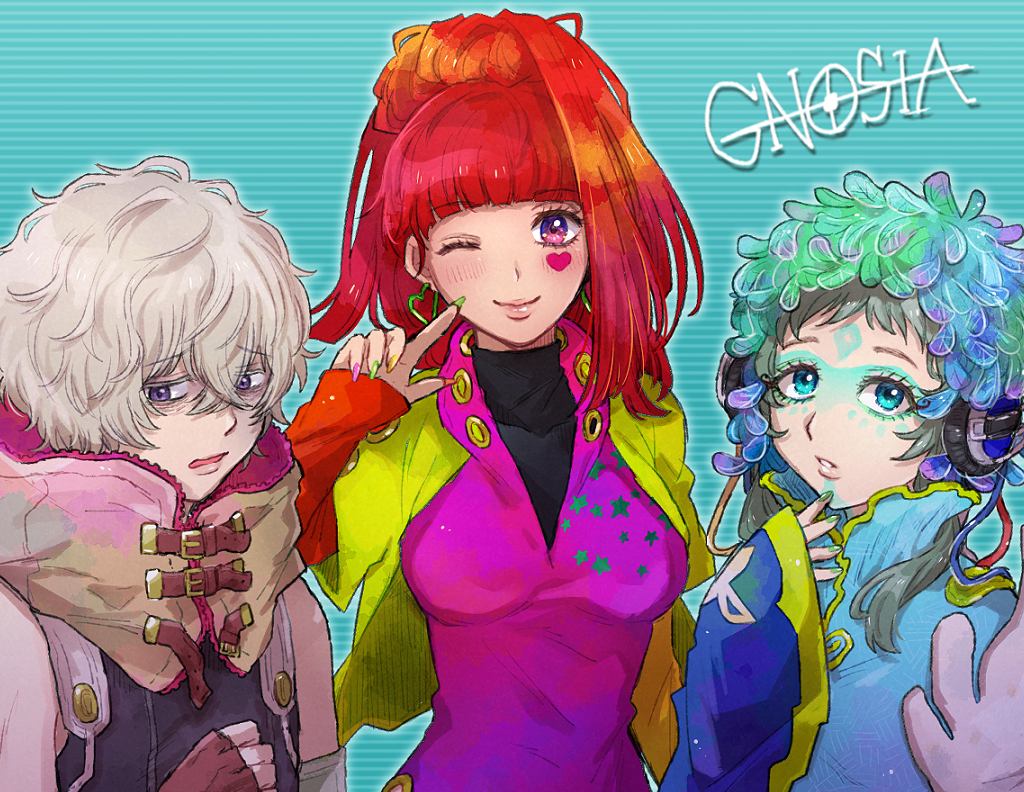 1boy, 1girl, 1other, androgynous, blue_eyes, blunt_bangs, chiimako, detached_sleeves, earrings, facepaint, feathers, gnosia, green_hair, hair_between_eyes, heart, heart_earrings, jewelry, long_hair, long_sleeves, looking_at_viewer, nail_polish, other_focus, raqio, red_eyes, red_hair, remnan_(gnosia), shirt, short_hair, smile, sq_(gnosia), tattoo, upper_body
