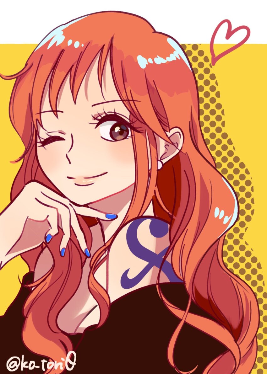 1girl, arm_tattoo, black_shirt, blue_nails, brown_eyes, earrings, eyelashes, heart