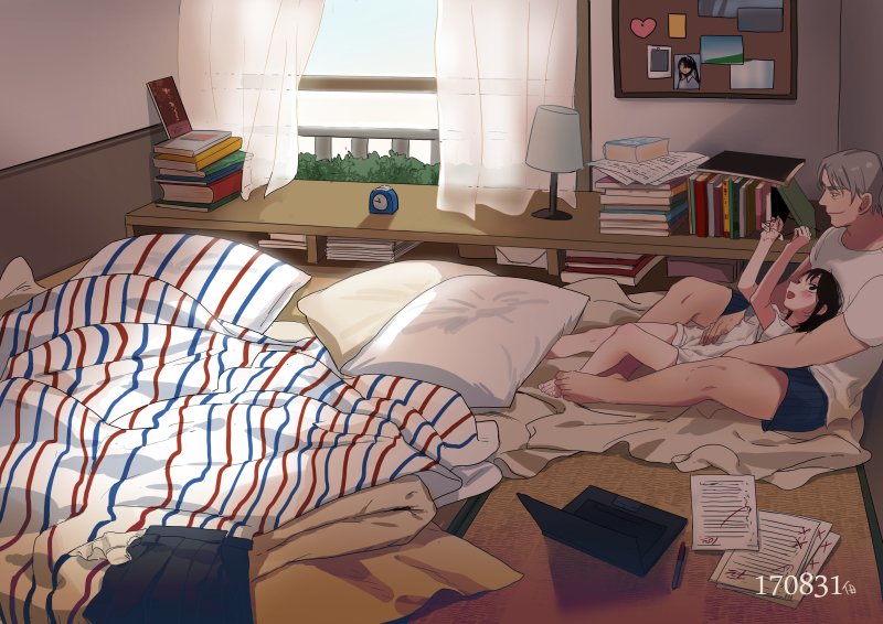 age_difference, bed, bedroom, black_hair, book, bookshelf, bulletin_board, closed_mouth, commentary_request, curtains, grey_hair, hand_on_another's_waist, height_difference, hetero, indoors, lamp, lying, lying_on_another, on_bed, open_mouth, original, petite, pillow, ranyues, shirt, short_sleeves, sitting, smile, tatami, white_shirt, window