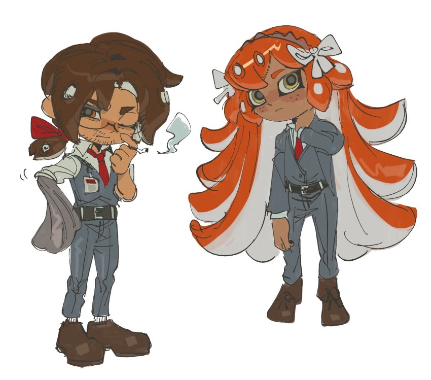 1boy, 1girl, beard_stubble, bow, brown_footwear, brown_hair, cigarette, collared_shirt