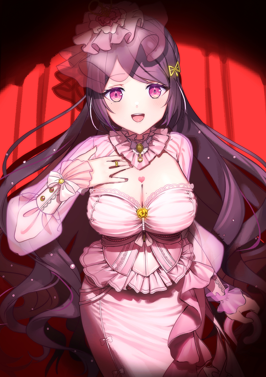 1girl, :d, absurdres, birthmark, black_hair, breasts, cleavage, corset, dress, hair_ornament, hairclip, heart, heart-shaped_birthmark, highres, himemiya_rie, himemiya_rie_(2nd_costume), jewelry, large_breasts, long_hair, looking_at_viewer, mole, mole_under_eye, official_alternate_costume, open_mouth, phase_connect, pink_dress, pink_eyes, pink_nails, red_background, ring, smile, solo, virtual_youtuber, yushokupan