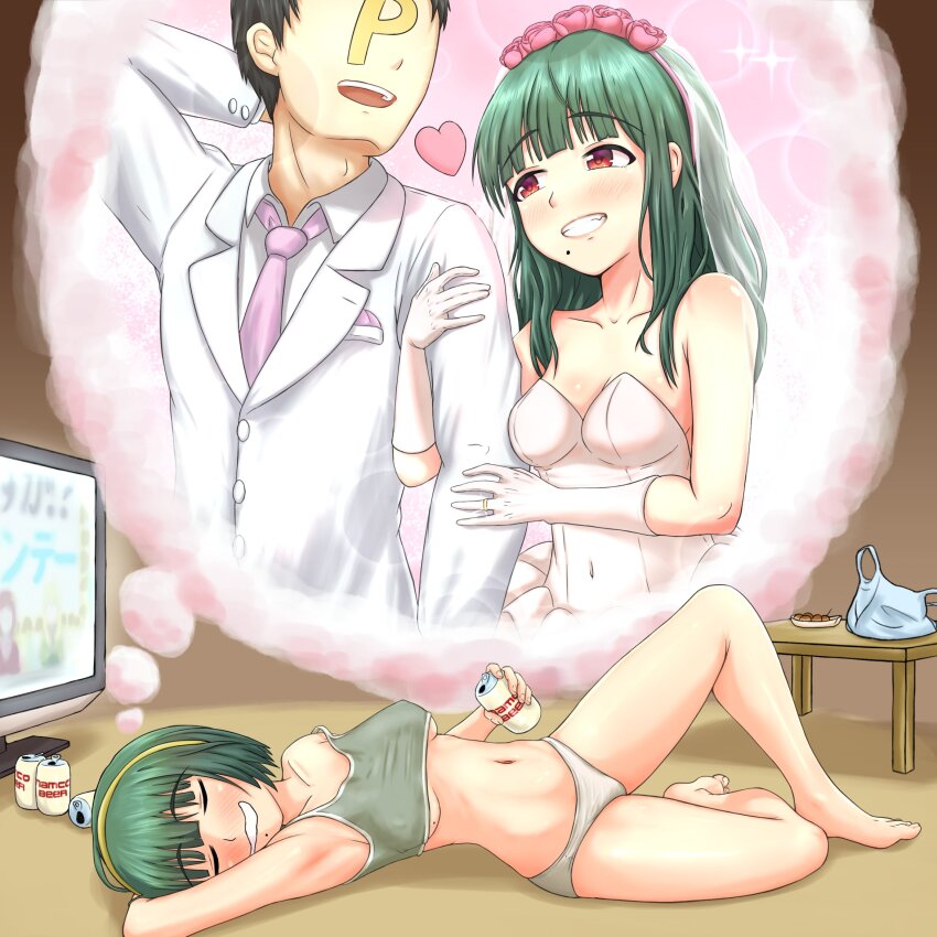 1boy, 1girl, arm_behind_head, arm_hug, bag, beer_can, blush, breasts