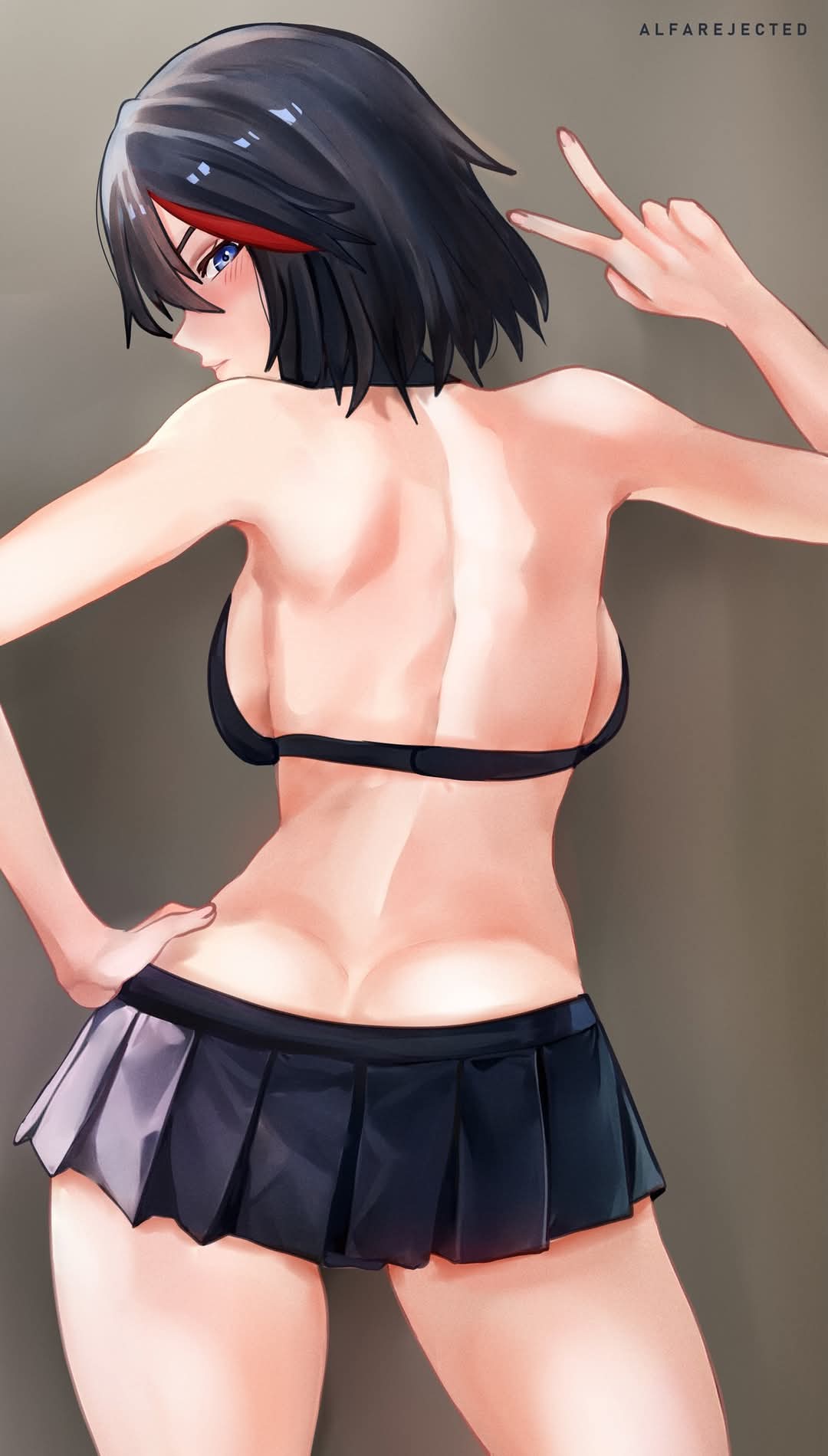 1girl, alfarejected, ass, backboob, black_hair, blue_eyes, blush, breasts, from_behind, hand_on_own_hip, highres, kill_la_kill, matoi_ryuuko, multicolored_hair, pleated_skirt, red_hair, short_hair, skirt, solo, streaked_hair, two-tone_hair, v