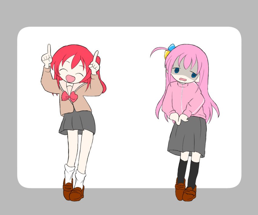 2girls, bocchi_the_rock!, dancing, gotoh_hitori, index_fingers_raised, internet_yamero, internet_yamero_(meme), k-s-mato877