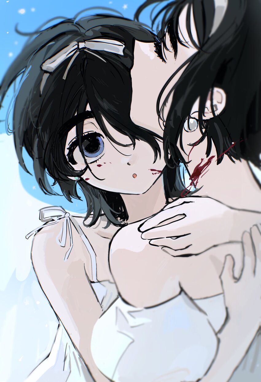 0021, 2girls, :o, absurdres, alien_stage, arm_around_another's_back, arm_around_shoulder, black_hair