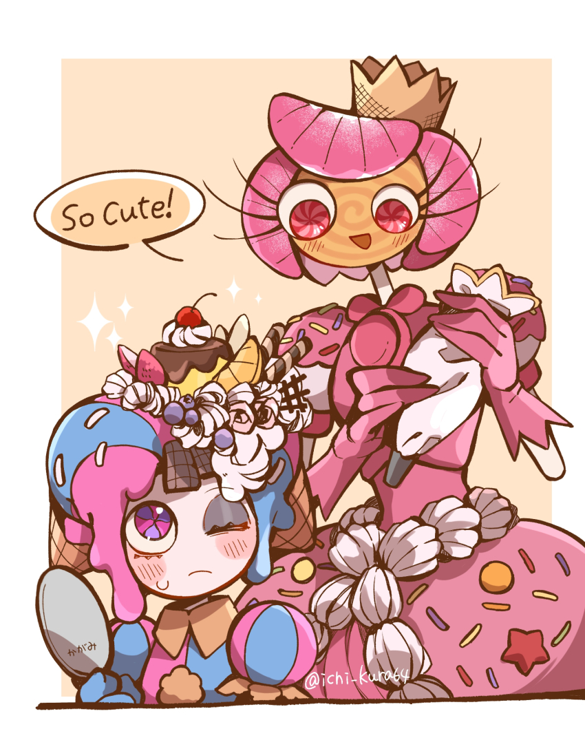 2girls, candy_girl, crown, food, fruit, glitch_productions, gloves, hat