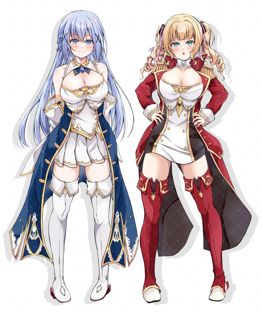 2girls, aged_up, azur_lane, bikini, blonde_hair, blush, boots, breasts, character_request, cleavage, cleavage_cutout, clothing_cutout, cosplay, dairyo3, drill_hair, full_body, gochuumon_wa_usagi_desu_ka?, grey_bikini, highres, kafuu_chino, kirima_syaro, large_breasts, looking_at_viewer, military_uniform, multiple_girls, naval_uniform, nelson_(azur_lane), nelson_(azur_lane)_(cosplay), rodney_(azur_lane), rodney_(azur_lane)_(cosplay), simple_background, sleeveless, smile, swimsuit, thigh_boots, veil, white_veil