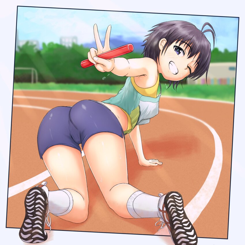 1girl, antenna_hair, arm_support, ass, black_eyes, black_hair, black_shorts, blush