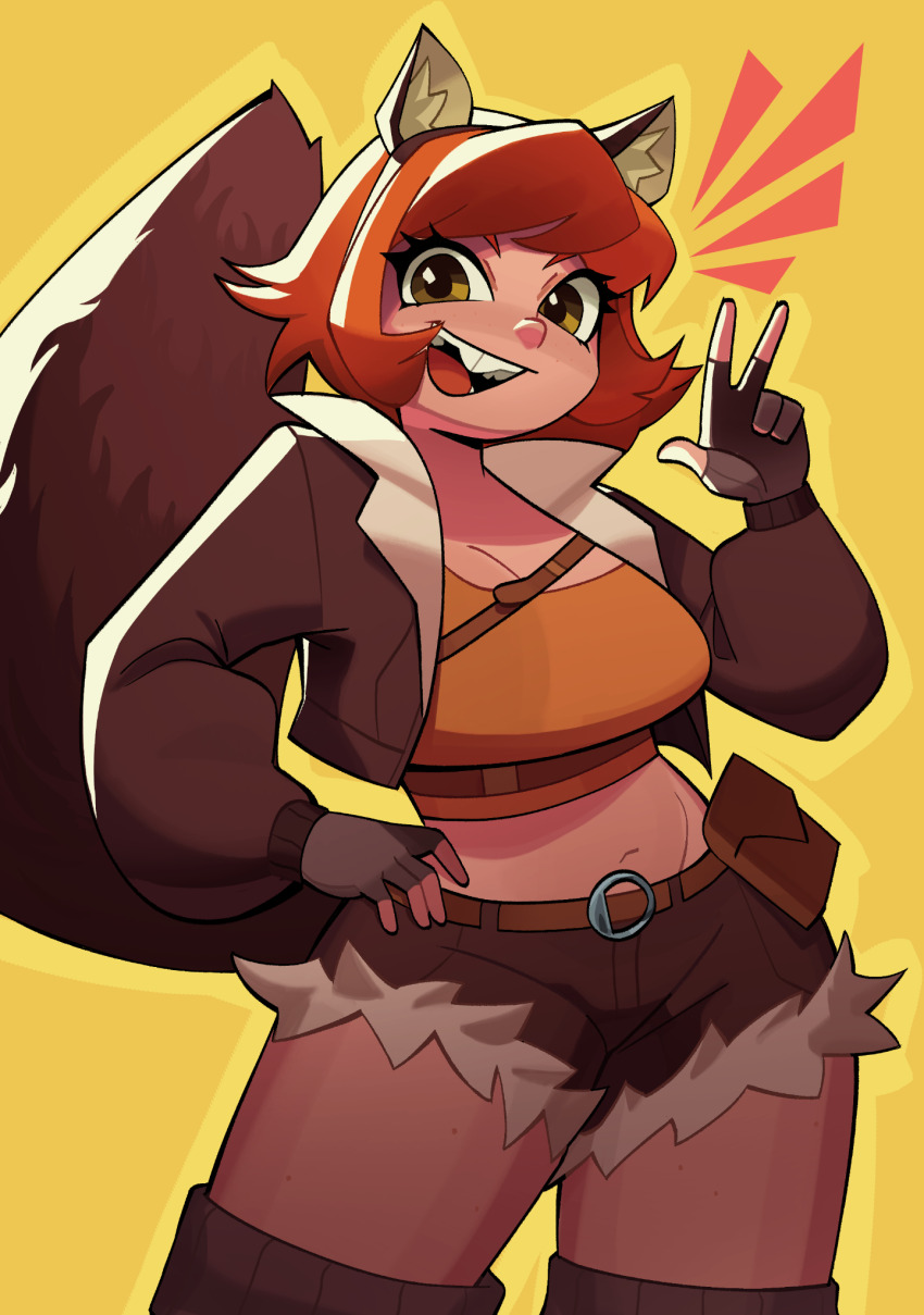 1girl, animal_ears, belt, bomber_jacket, buck_teeth, cropped_legs, fattcactus, fingerless_gloves