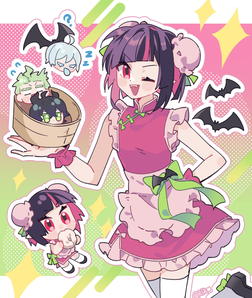 4boys, ;d, ?, absurdres, ahoge, apron, bat_(animal), black_hair, black_shoes, blush_stickers, bow, bowl, bun_cover, chibi, china_dress, chinese_clothes, chinese_commentary, closed_eyes, colored_eyelashes, commentary_request, crossdressing, crossdressing_(mtf), dress, fangs, flying_sweatdrops, food, foot_up, frilled_apron, frilled_dress, frills, green_bow, green_eyes, green_hair, green_ribbon, hand_on_own_hip, highres, holding, holding_bowl, holding_food, jitome, lilia_vanrouge, male_focus, malleus_draconia, multicolored_hair, multiple_boys, multiple_views, no_sclera, nose_bubble, one_eye_closed, open_mouth, pink_apron, pink_dress, pink_hair, pink_wrist_cuffs, red_eyes, ribbon, riko_shinkai, sebek_zigvolt, shoes, short_hair, silver_vanrouge, sleeping, sleeveless, sleeveless_dress, smile, sparkle, steamed_bun, thighhighs, trap, twisted_wonderland, two-tone_hair, v-shaped_eyebrows, waist_apron, white_background, white_thighhighs, wrist_cuffs, zzz