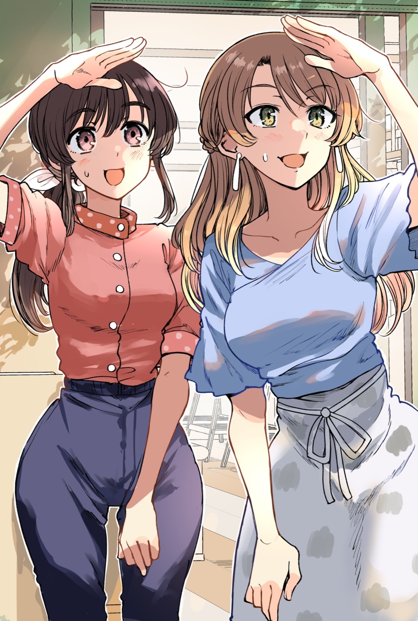 2girls, :d, arm_up, blue_shirt, blush, bonkara_(sokuseki_maou), bow, breasts