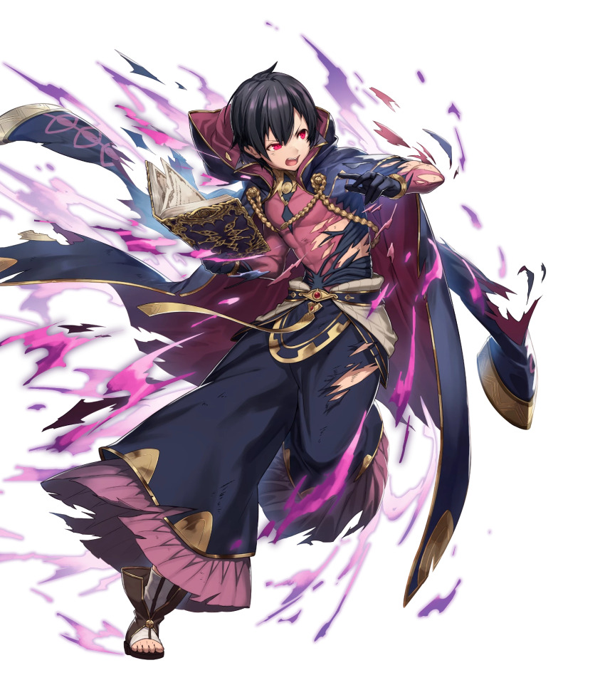 1boy, abs, aura, black_cape, black_hair, book, cape, dark_persona