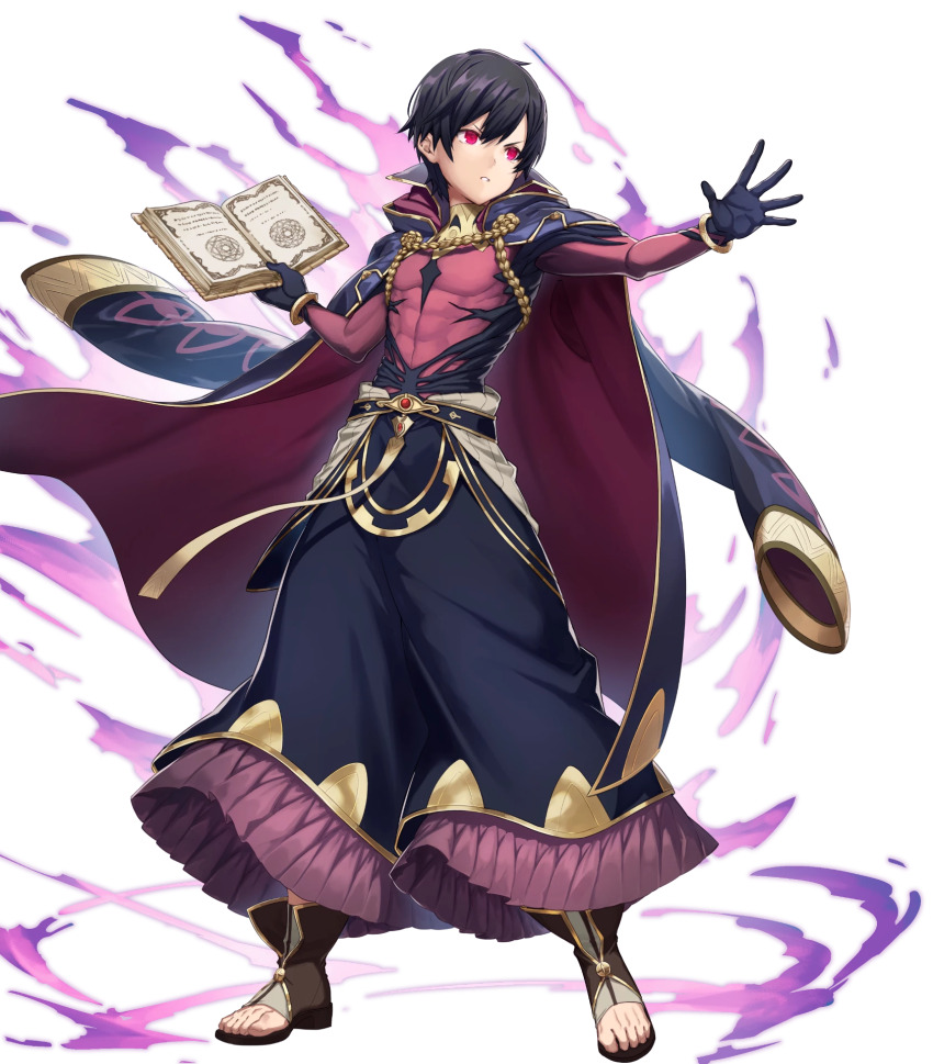 1boy, abs, aura, black_cape, black_hair, book, cape, dark_persona