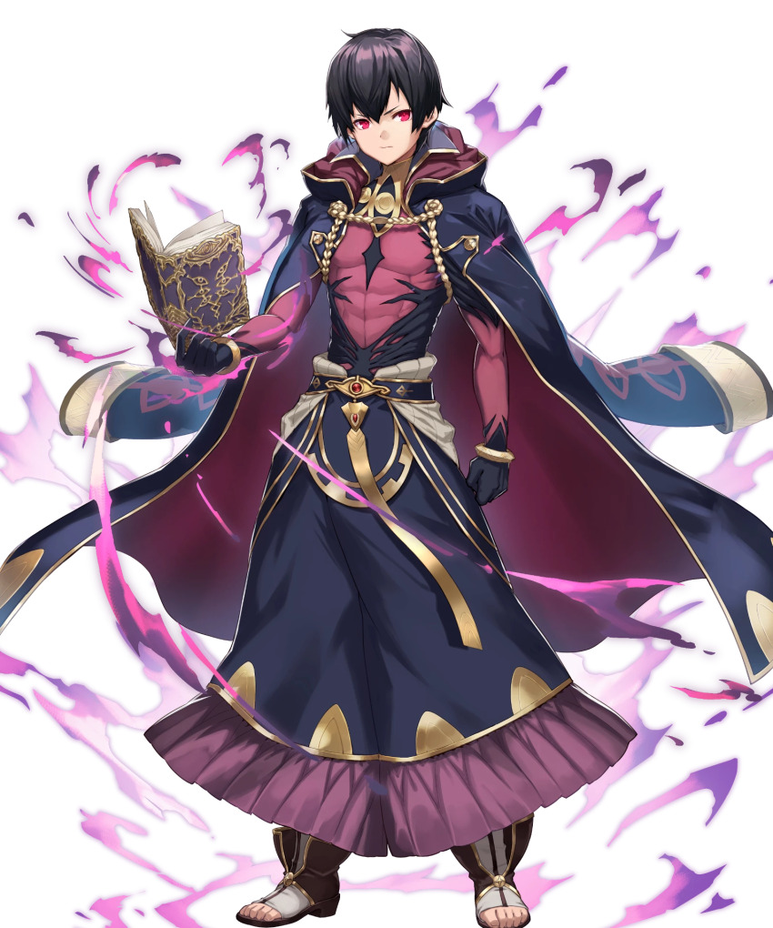 1boy, abs, aura, black_cape, black_hair, book, cape, dark_persona