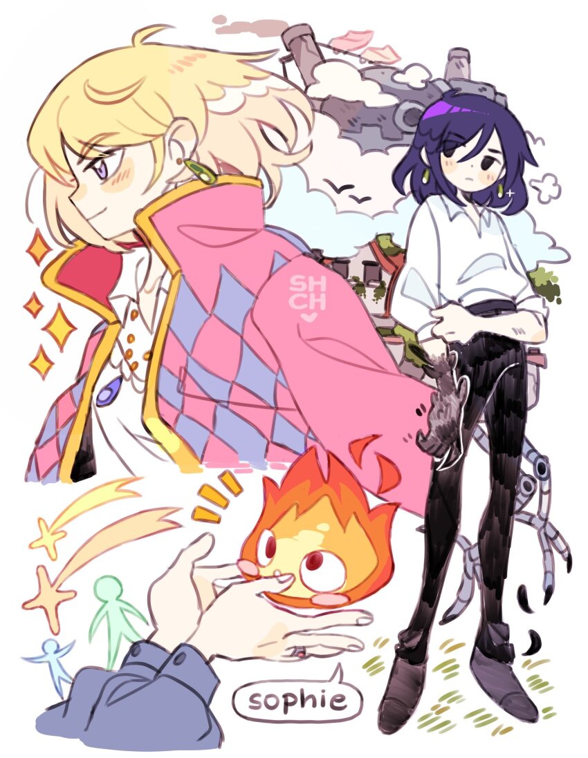 1boy, 1girl, argyle_clothes, argyle_jacket, black_eyes, black_feathers, black_footwear, black_pants