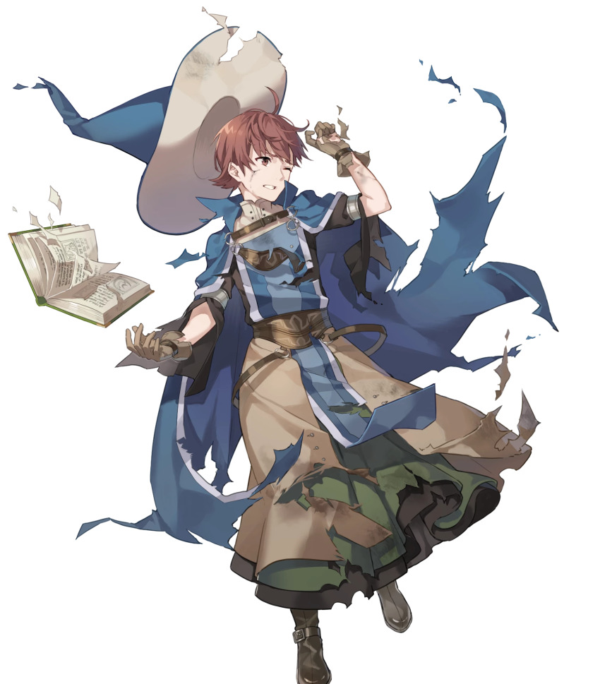 1boy, ahoge, book, boots, brown_eyes, brown_hair, cloak, eihi