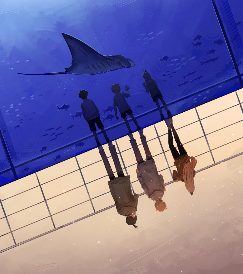 1girl, 2boys, aged_down, aquarium, black_hair, black_pants, blonde_hair, brown_jacket, chainsaw_man, demon_girl, demon_horns, denji_(chainsaw_man), different_reflection, fish, grey_jacket, hayakawa_aki, highres, horns, jacket, long_hair, manta_ray, multiple_boys, overcast, pants, power_(chainsaw_man), railing, reflection, reflective_floor, seki_31_(artist), shirt, short_hair, shorts, sky, snow, split_theme, topknot