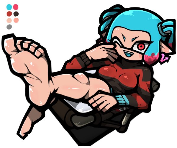 1girl, ;d, bare_legs, barefoot, bloblobber_(splatoon), blue_hair, blue_tongue, breasts