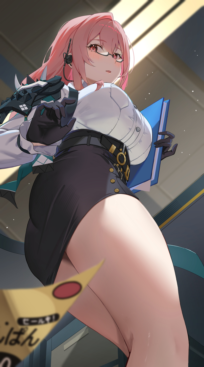 1girl, absurdres, ass, black_gloves, black_skirt, blush, breasts, ceiling