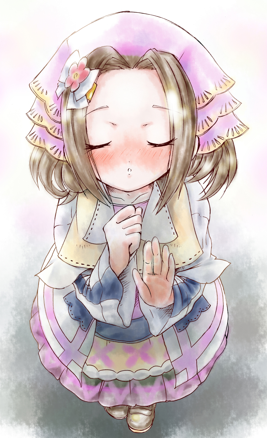 1girl, absurdres, blush, brown_hair, closed_eyes, dress, female_focus, gradient_background, harvest_moon, hat, highres, incoming_kiss, iris_(rune_factory_oceans), kanon_(kurogane_knights), rune_factory, rune_factory_oceans, short_hair, solo