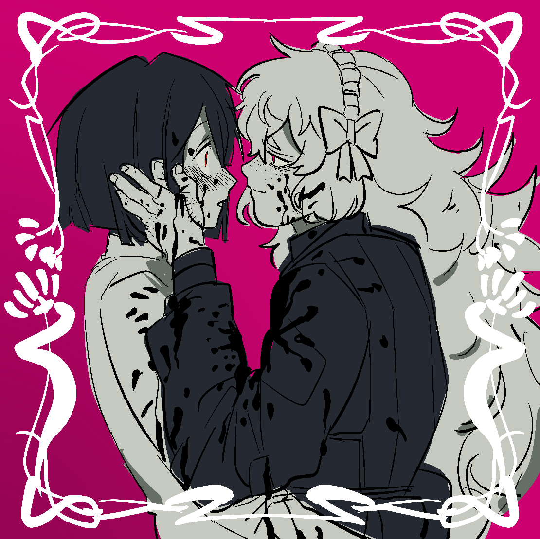 blood, blush, bob_cut, border, clothing_request, freckles, from_side, hand_on_another's_cheek