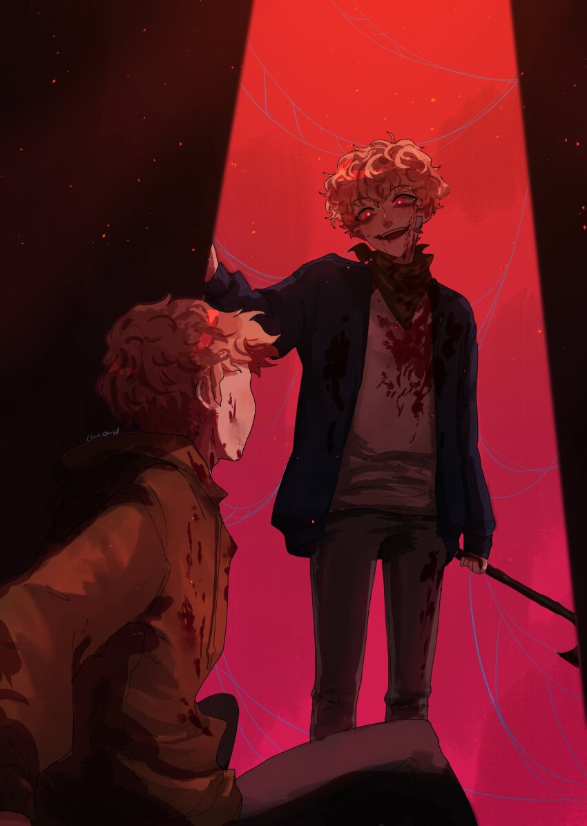 2boys, absurdres, alternate_costume, animification, axe, blonde_hair, blood, clint_oriel