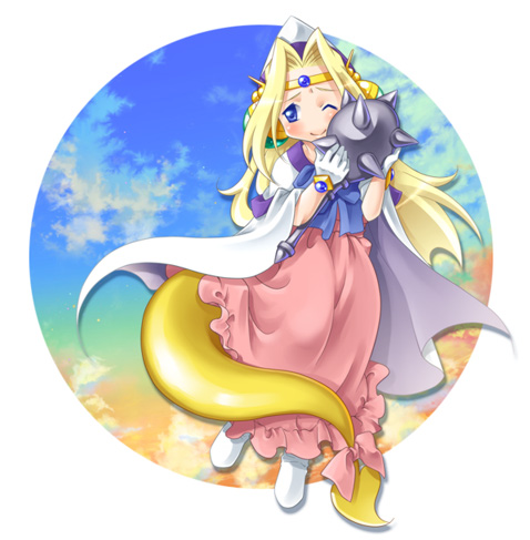 1990s_(style), 1girl, blonde_hair, blue_eyes, bow, cape, chiyo_(195815), cloud
