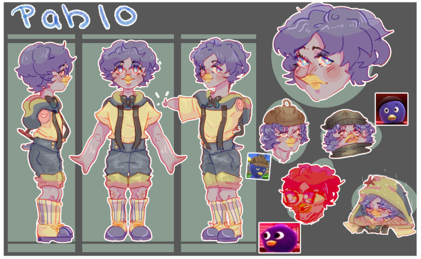 1boy, beak, blue_eyes, blue_hair, character_name, reference_sheet, curly_hair, humanization