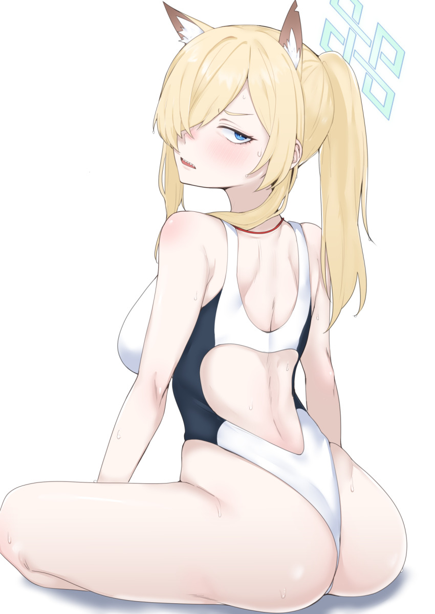 1girl, animal_ears, ass, back, bare_shoulders, blonde_hair, blue_archive, blue_eyes