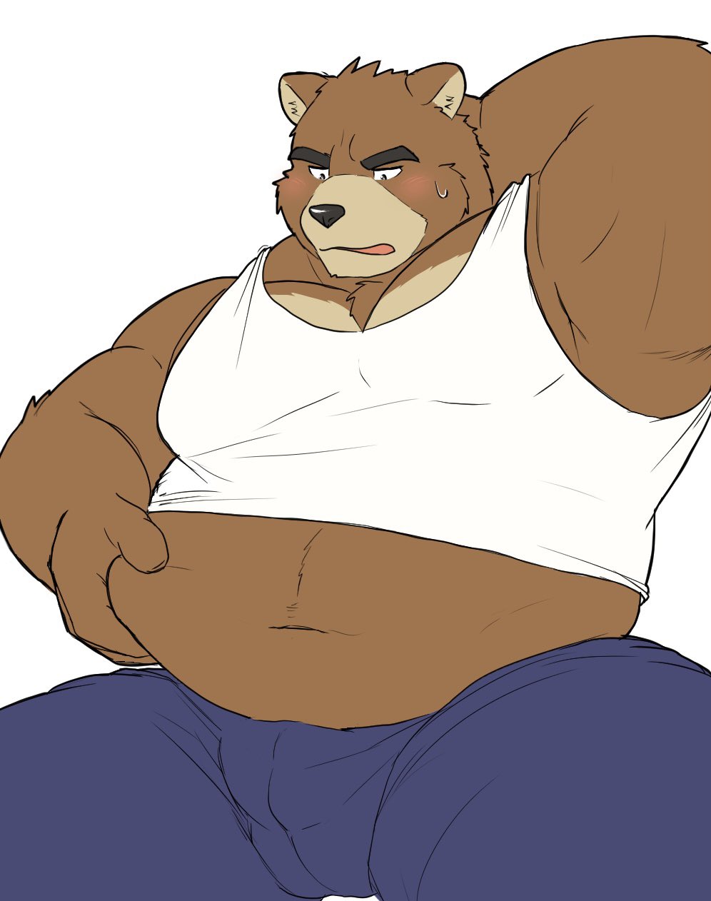 1boy, animal_ear_fluff, animal_ears, arm_behind_head, bear_boy, bear_ears, belly, blue_pants