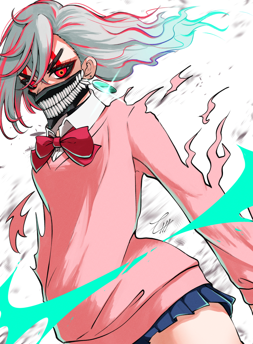 absurdres, ayase_momo, black_eyeshadow, blue_skirt, bow, dandadan, earrings, eyeshadow