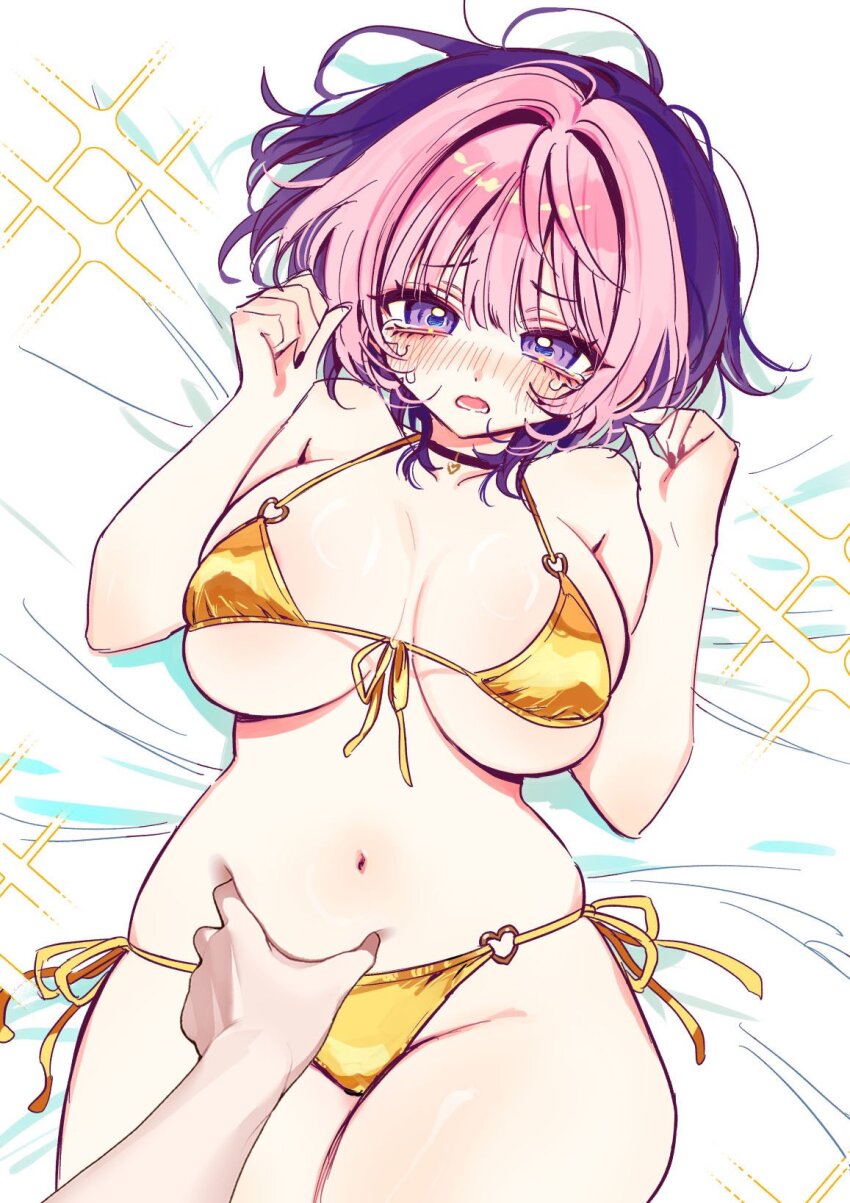 1girl, ahoge, akiyama_enma, alternate_costume, bare_shoulders, bikini, blush, breasts