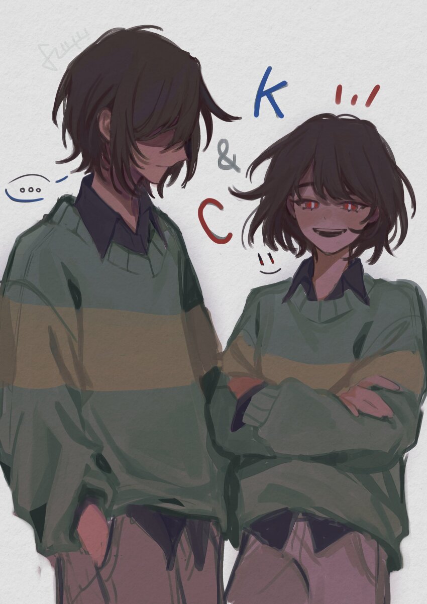..., 0601fuyu, 2others, absurdres, bright_pupils, brown_hair, brown_pants, chara_(undertale), collared_shirt, commentary, cowboy_shot, crossed_arms, crossover, deltarune, english_commentary, green_sweater, grey_background, hand_in_pocket, highres, in-franchise_crossover, kris_(deltarune), looking_at_viewer, multiple_others, open_mouth, other_focus, pants, profile, red_eyes, shirt, short_hair, simple_background, smile, spoken_ellipsis, striped_clothes, striped_sweater, sweater, teeth, two-tone_sweater, undertale, utdr_(toby_fox), white_pupils, yellow_sweater