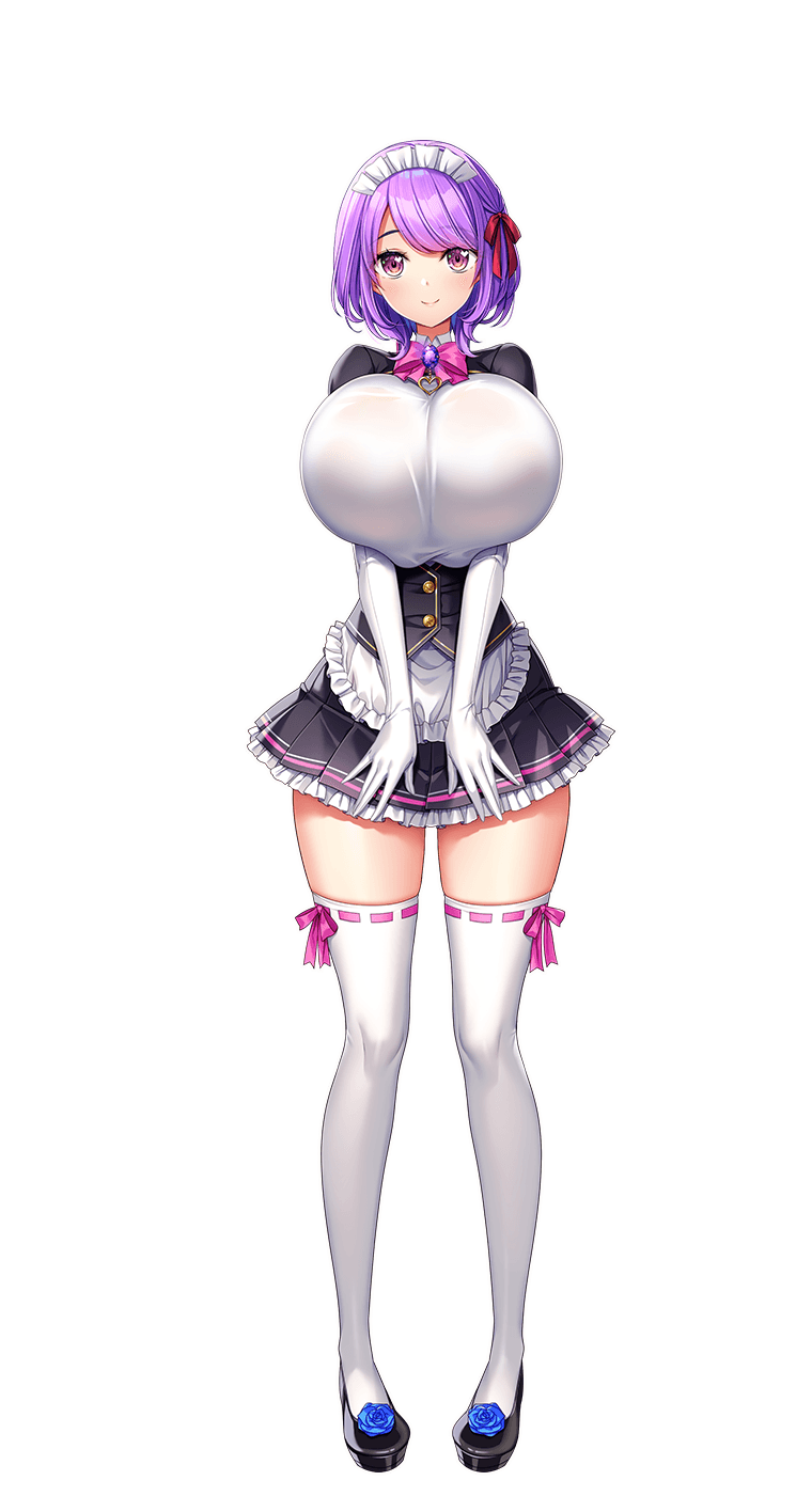 1girl, apron, black_footwear, black_skirt, blue_flower, blue_rose, bow, bowtie, breasts, brooch, closed_mouth, derauea, elbow_gloves, flower, footwear_flower, full_body, gloves, hair_ribbon, heart, heart_in_eye, highres, huge_breasts, jewelry, liliera_loveknot, maid_headdress, motto!_haramase!_(series), motto!_haramase!_honoo_no_oppai_isekai_oppai_maid_gakuen!, pink_bow, pink_bowtie, pleated_skirt, purple_eyes, purple_hair, red_ribbon, ribbon, rose, shadow, short_hair, skirt, smile, solo, symbol_in_eye, thighhighs, waist_apron, white_apron, white_gloves, white_thighhighs