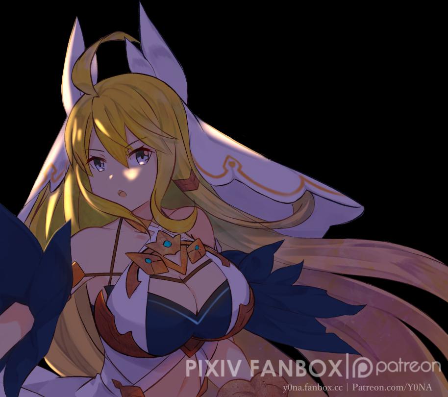 1girl, ahoge, bare_shoulders, black_background, blonde_hair, blue_eyes, breasts, collarbone, dragalia_lost, dress, fanbox_logo, fanbox_username, large_breasts, long_hair, looking_at_viewer, navel, open_mouth, patreon_logo, patreon_username, white_dress, yona_(illusty0na), zethia, zethia_(bondforged)