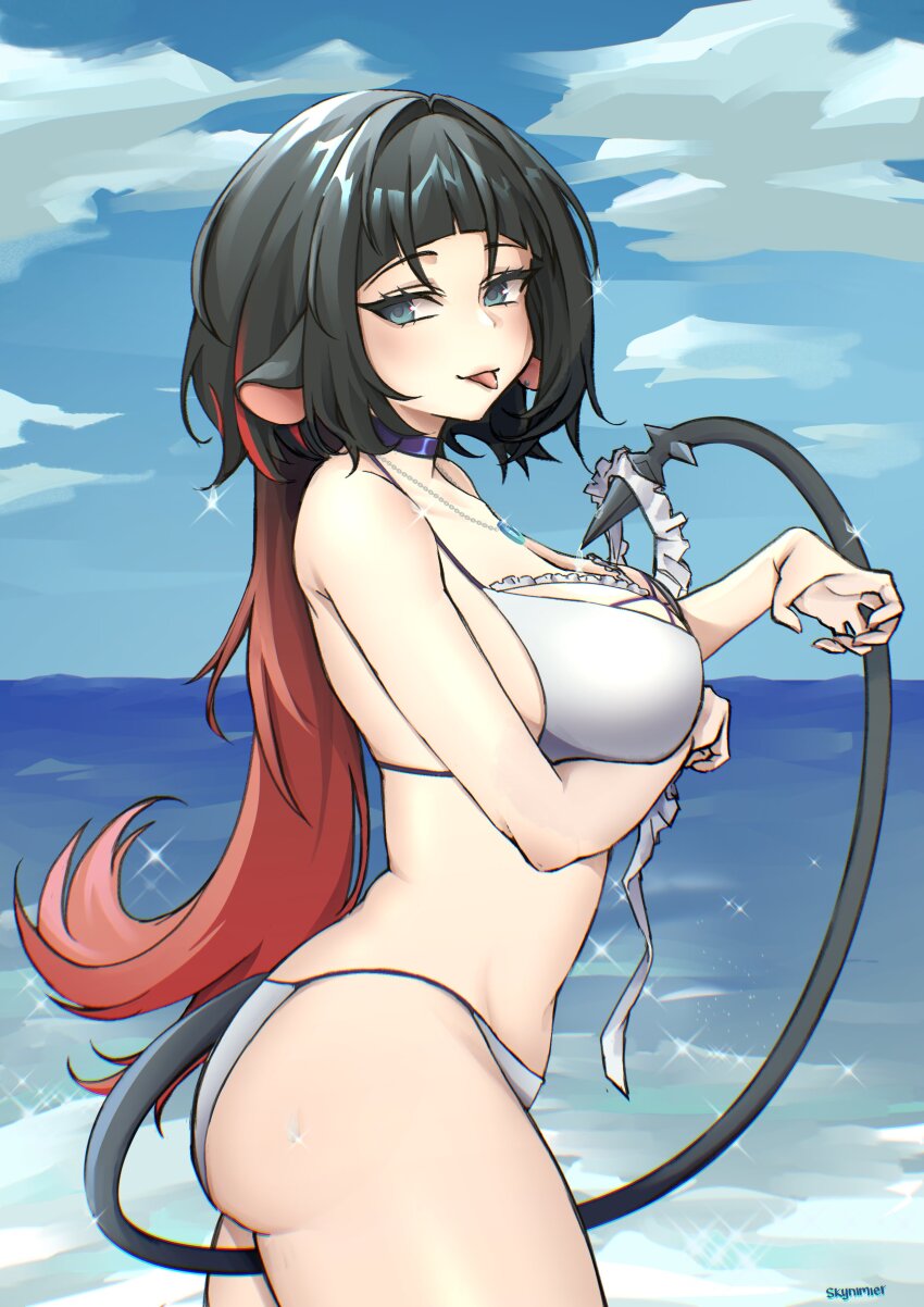 absurdres, animal_ears, ass, beach, between_legs, bikini, black_choker, black_hair
