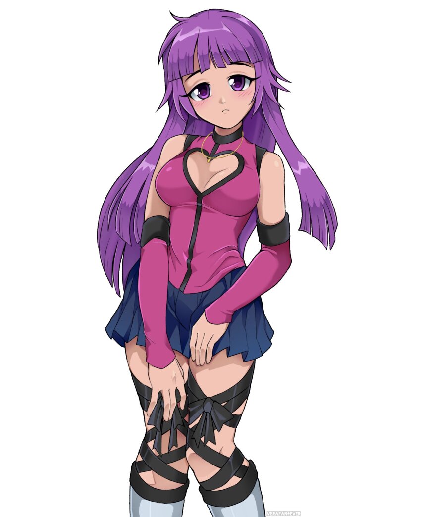 1girl, black_ribbon, blue_skirt, blush, breasts, caramella_girls, cleavage, cleavage_cutout