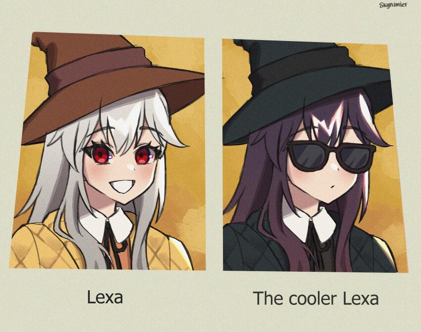 :d, absurdres, black_hair, fortnite, glasses, happy, hat, highres, lexa_(fortnite), lexa_hexbringer, lexa_hexbringer_(niteshade), long_hair, meme, open_mouth, princess_lexa, red_eyes, skynimier, smile, the_cooler_daniel_(meme), white_hair, witch_hat