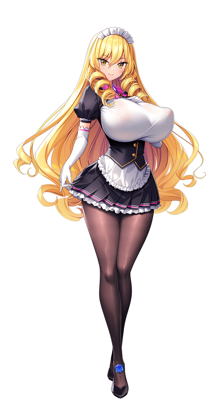 1girl, akagi_rio, apron, black_footwear, black_skirt, blonde_hair, blue_flower, blue_rose