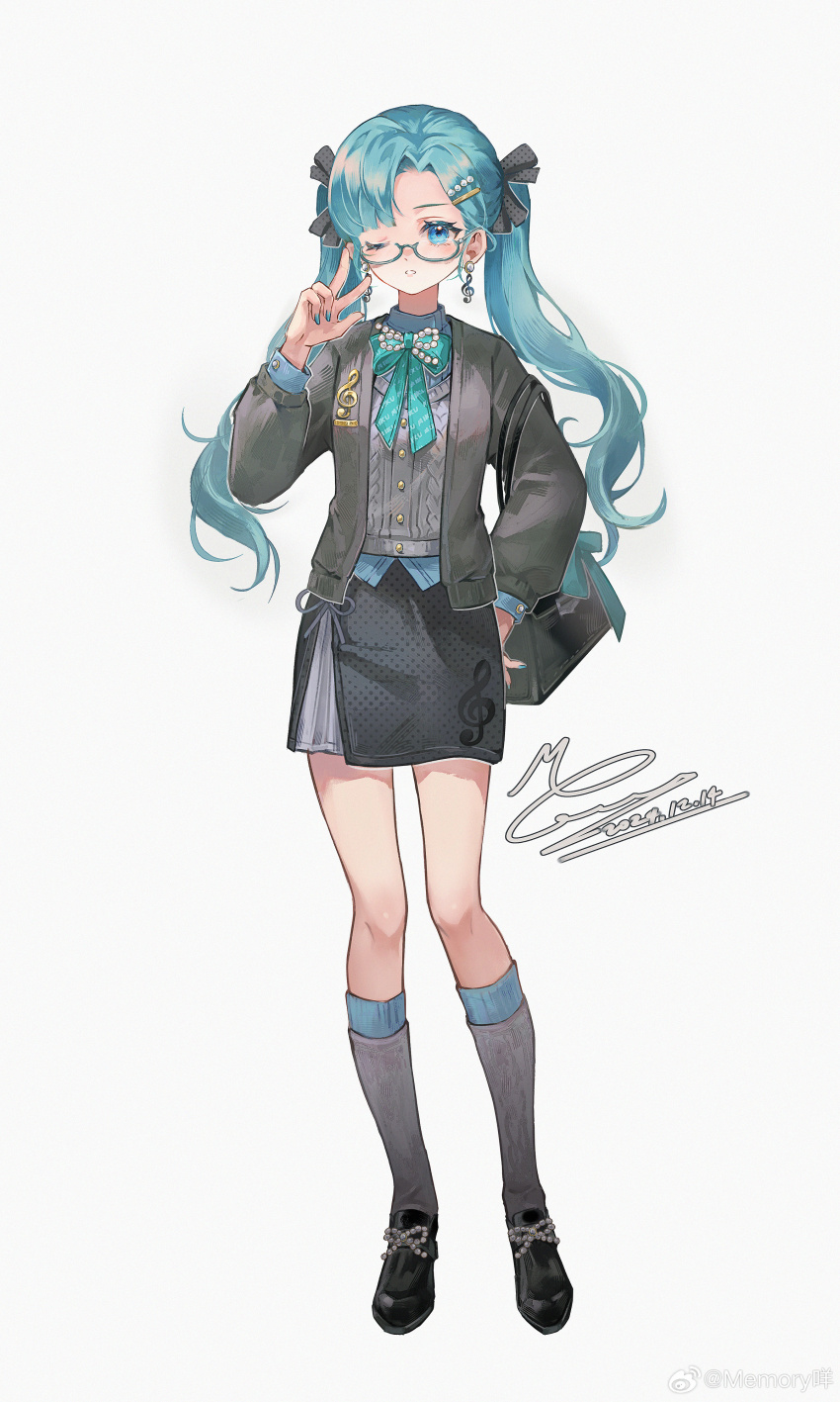 1girl, absurdres, aqua_bow, aqua_bowtie, bag, beads, bespectacled, black_bag