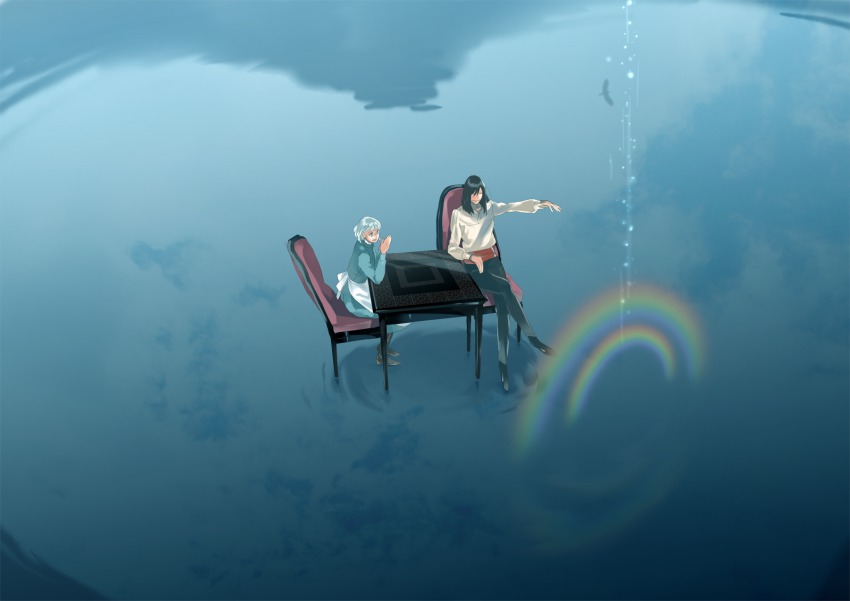 00s, 1boy, 1girl, akkc, apron, bad_id, bad_pixiv_id, black_hair, chair, crossed_legs, double_rainbow, highres, howl_(howl_no_ugoku_shiro), howl_no_ugoku_shiro, magic, open_mouth, rainbow, reflection, ripples, sitting, sophie_hatter_(howl_no_ugoku_shiro), studio_ghibli, table, water, white_hair