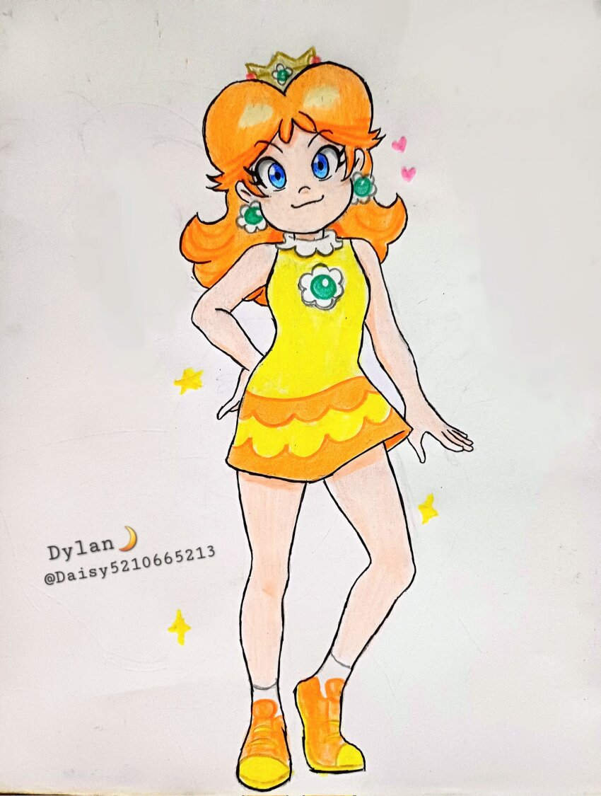 1girl, :3, artist_name, bare_legs, brown_hair, crown, daisydylan06, dress