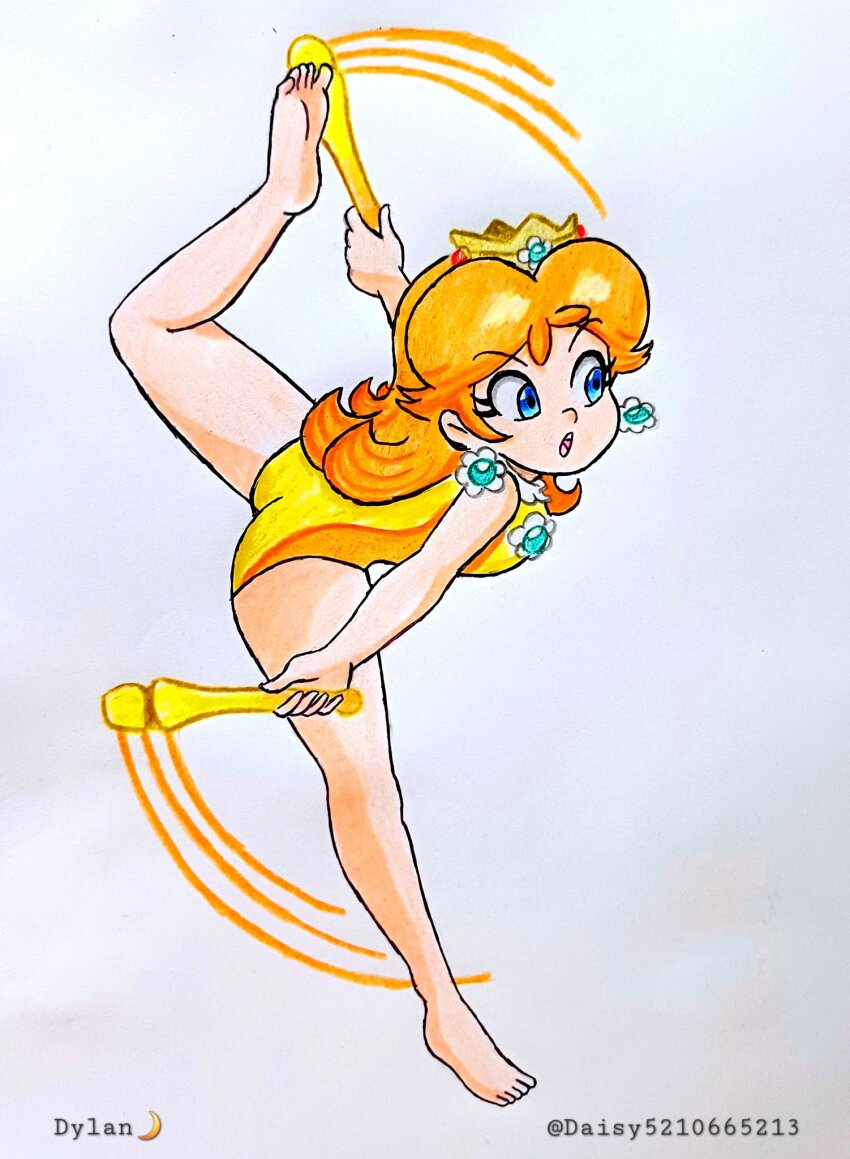 1girl, :o, ass, bare_legs, barefoot, brown_hair, crown, daisydylan06, earrings, feet, flower_earrings, highres, jewelry, leg_up, legs, leotard, mario_&amp;_sonic_(series), mario_&amp;_sonic_at_the_rio_2016_olympic_games, mario_(series), nintendo, one_leg_raised, princess_daisy, princess_daisy_(gymnastics), sega, soles, solo, standing, standing_on_one_leg, toes, traditional_media, yellow_leotard