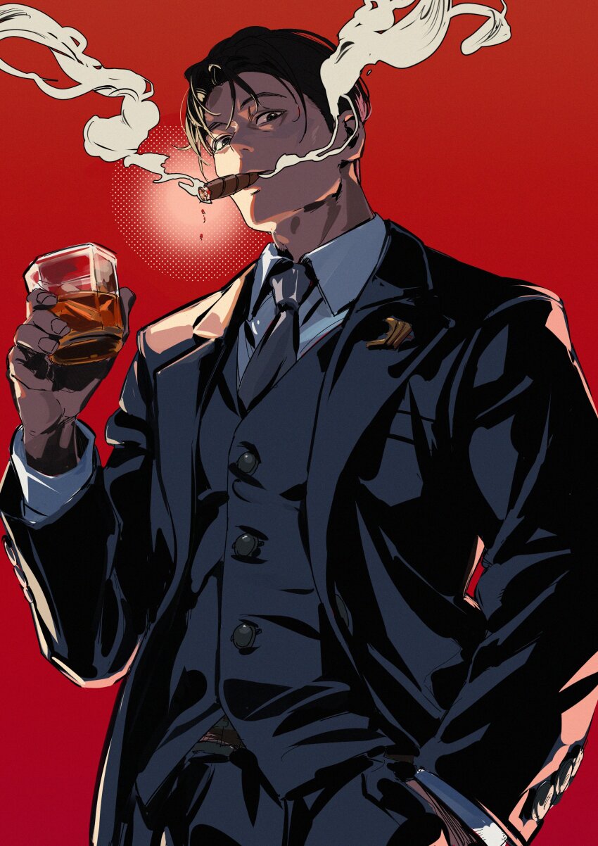 1boy, absurdres, black_hair, black_jacket, black_pants, black_suit, black_vest, bypos, cigar, collared_shirt, commentary_request, cup, drinking_glass, faceted_glass, formal_clothes, from_below, grey_necktie, hand_in_pocket, highres, jacket, looking_at_viewer, male_focus, necktie, open_clothes, open_jacket, original, pants, red_background, shirt, short_hair, smoke, smoking, suit, suit_jacket, vest, white_shirt