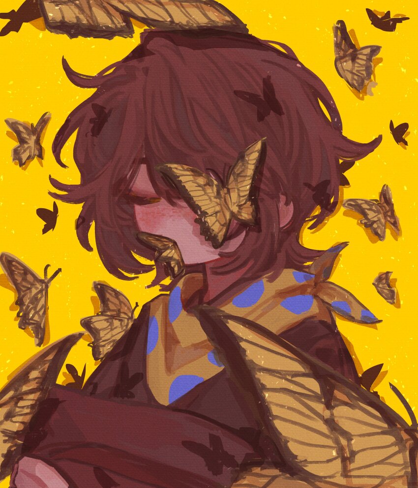 0601fuyu, 1other, absurdres, bandana, brown_hair, brown_shirt, bug, butterfly