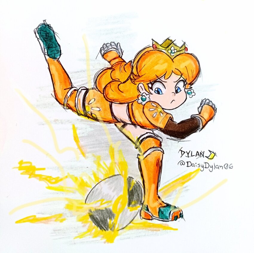 1girl, ball, brown_hair, daisydylan06, female_focus, highres, legs, mario_(series), mario_strikers_(series), mario_strikers_charged, nintendo, orange_thighhighs, princess_daisy, shirt, shoes, smile, sneakers, soccer, soccer_ball, soccer_uniform, solo, sportswear, thighhighs, traditional_media