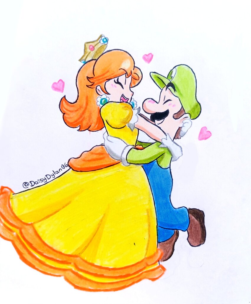 large_nose, blue_overalls, brooch, brown_hair, couple, crown, daisydylan06, dress