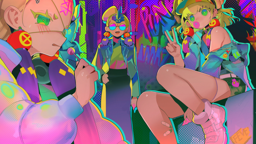 3girls, alternate_costume, anger_vein, blonde_hair, blowing_bubble_gum, blowing_bubbles, blush, candy