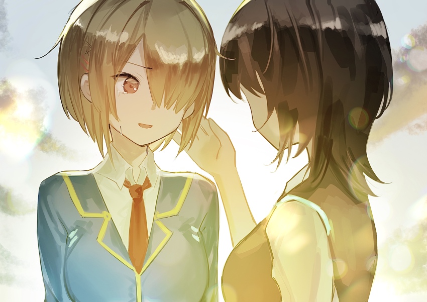 2girls, absurdres, aoi_erika, black_hair, blonde_hair, blue_jacket, breasts, brown_vest