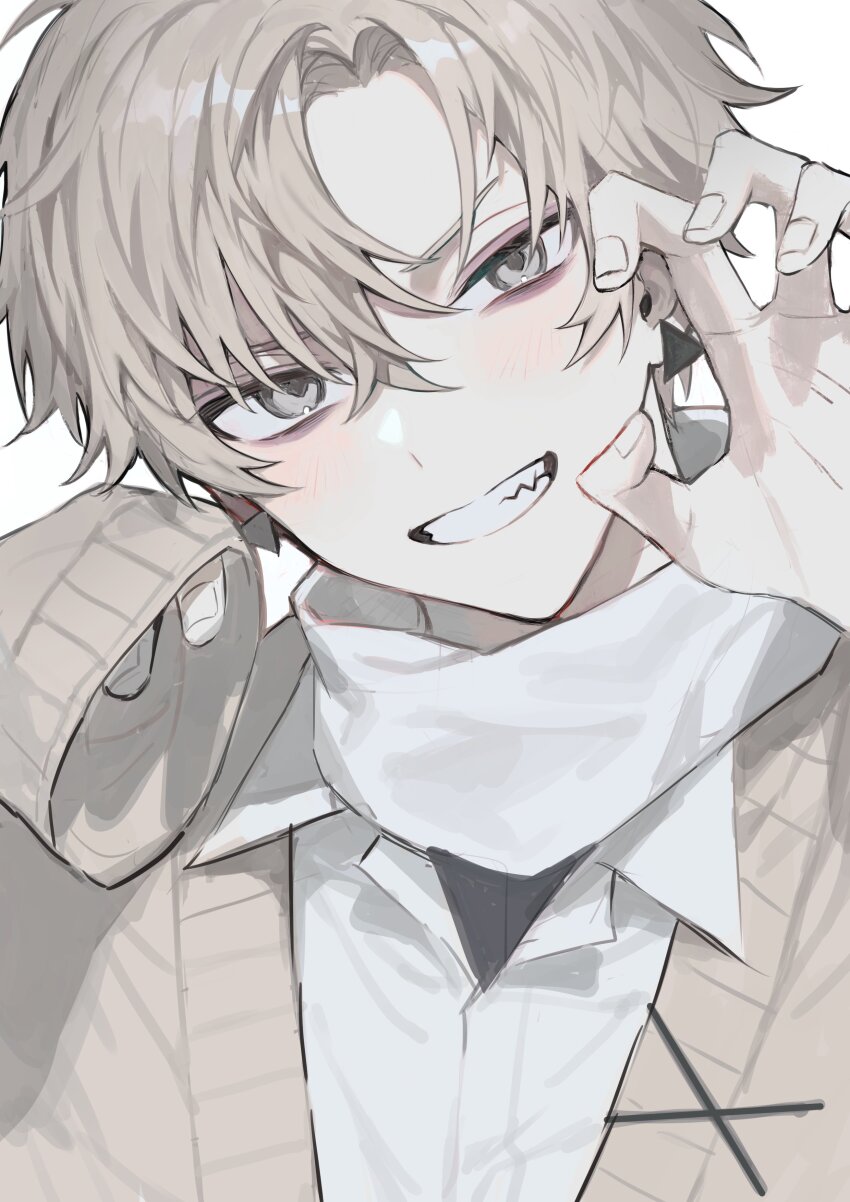 1boy, :d, absurdres, bishounen, blonde_hair, claw_pose, collared_shirt, crossed_bangs
